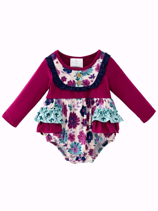 Baby girls floral ruffle bubble romper with plum bodice, boutique long sleeve outfit for infants and toddlers