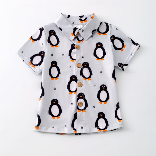 Boys polar penguin print button down Christmas shirt