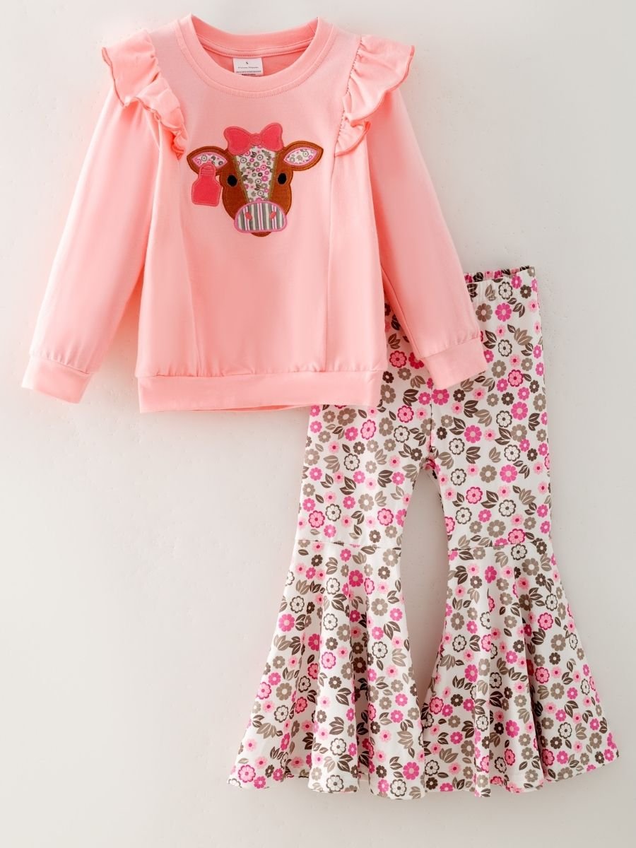 girls western two-piece with cow appliqué ruffle sweatshirt and pink floral bell bottoms