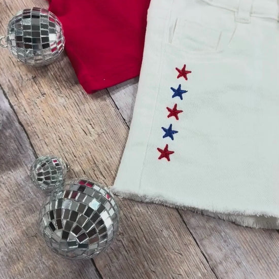 video of the USA Red Ruffled Top & White Shorts Set