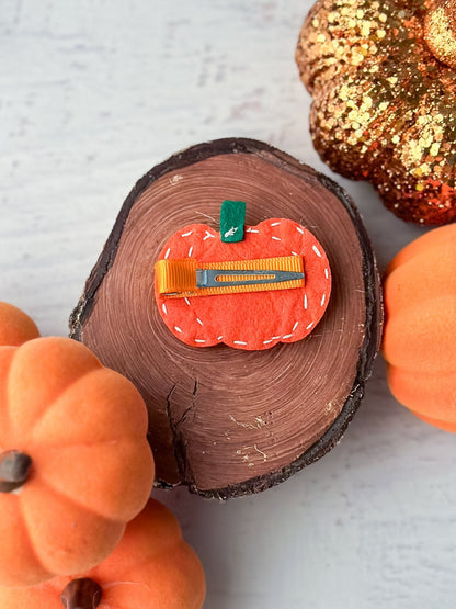 Pumpkin felt clippie on a wooden log surrounded by pumpkins