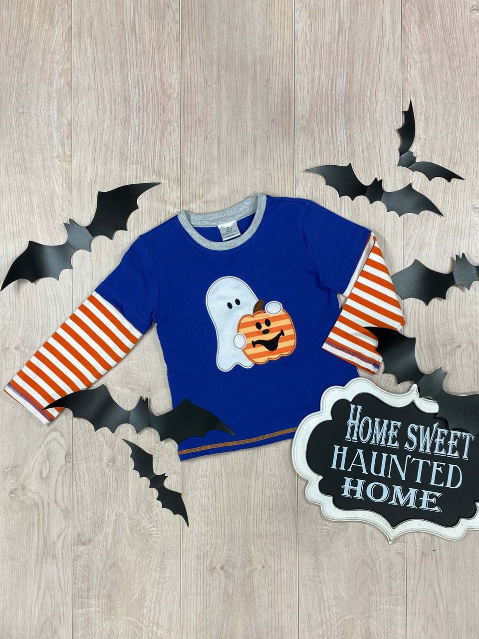 Blue pumpkin and ghost shirt with striped sleeves