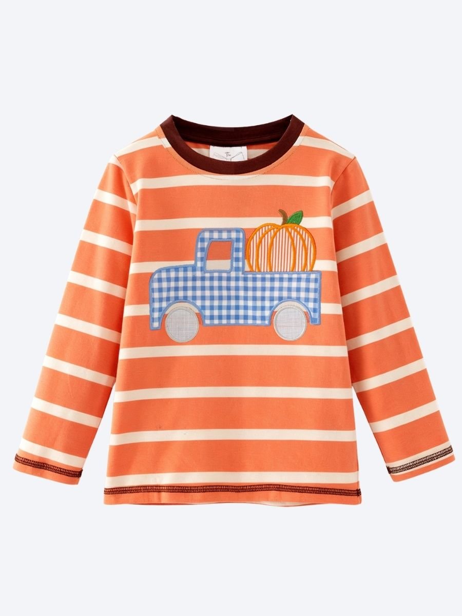 Boys pumpkin truck shirt with orange stripes, boutique fall long sleeve top for toddlers and boys