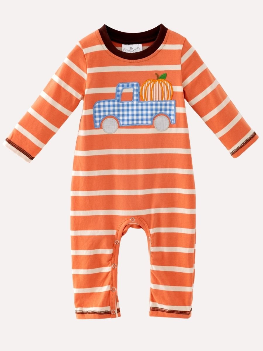 Baby boy pumpkin truck romper with orange stripes, boutique fall one-piece outfit for infants