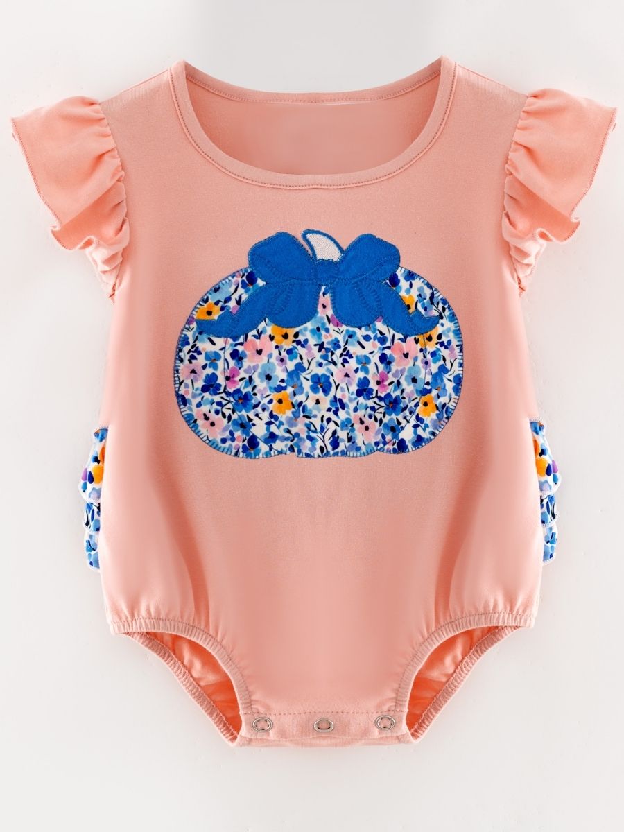 baby girl fall bubble romper with blue floral pumpkin bow appliqué and flutter ruffles