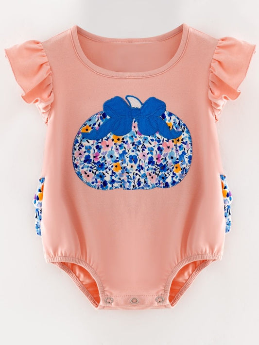 baby girl fall bubble romper with blue floral pumpkin bow appliqué and flutter ruffles