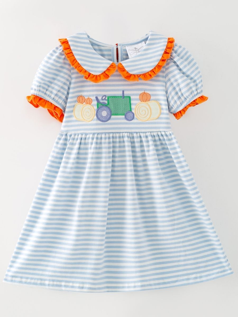 Girls tractor dress with blue stripes and pumpkin embroidery, boutique fall dress for toddlers and girls
