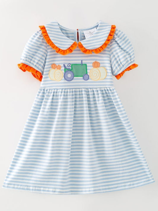 Girls tractor dress with blue stripes and pumpkin embroidery, boutique fall dress for toddlers and girls