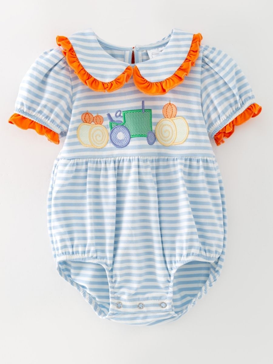 Baby girl tractor bubble romper with blue stripes and pumpkin embroidery, boutique fall outfit for infants