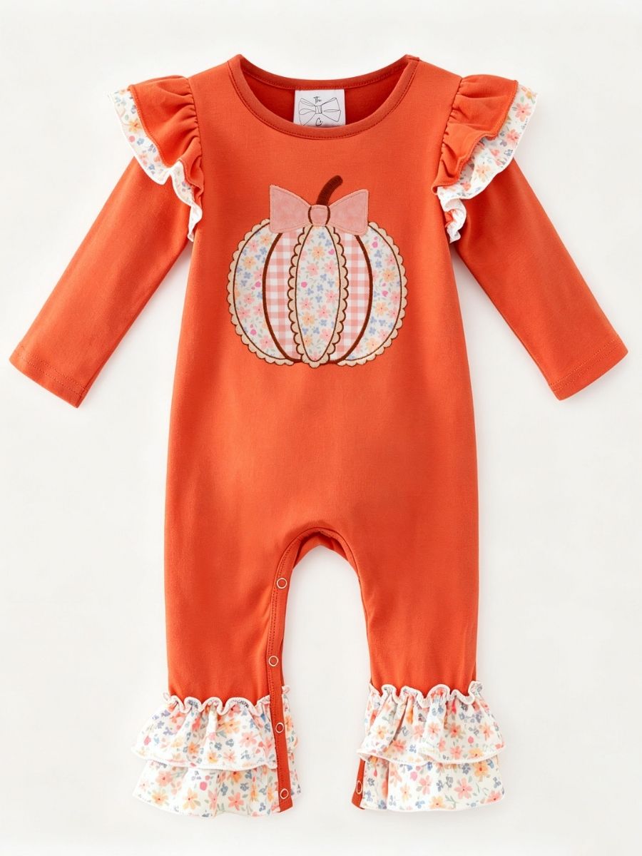 Baby girls pumpkin romper with floral pumpkin applique, boutique fall one-piece outfit for infants
