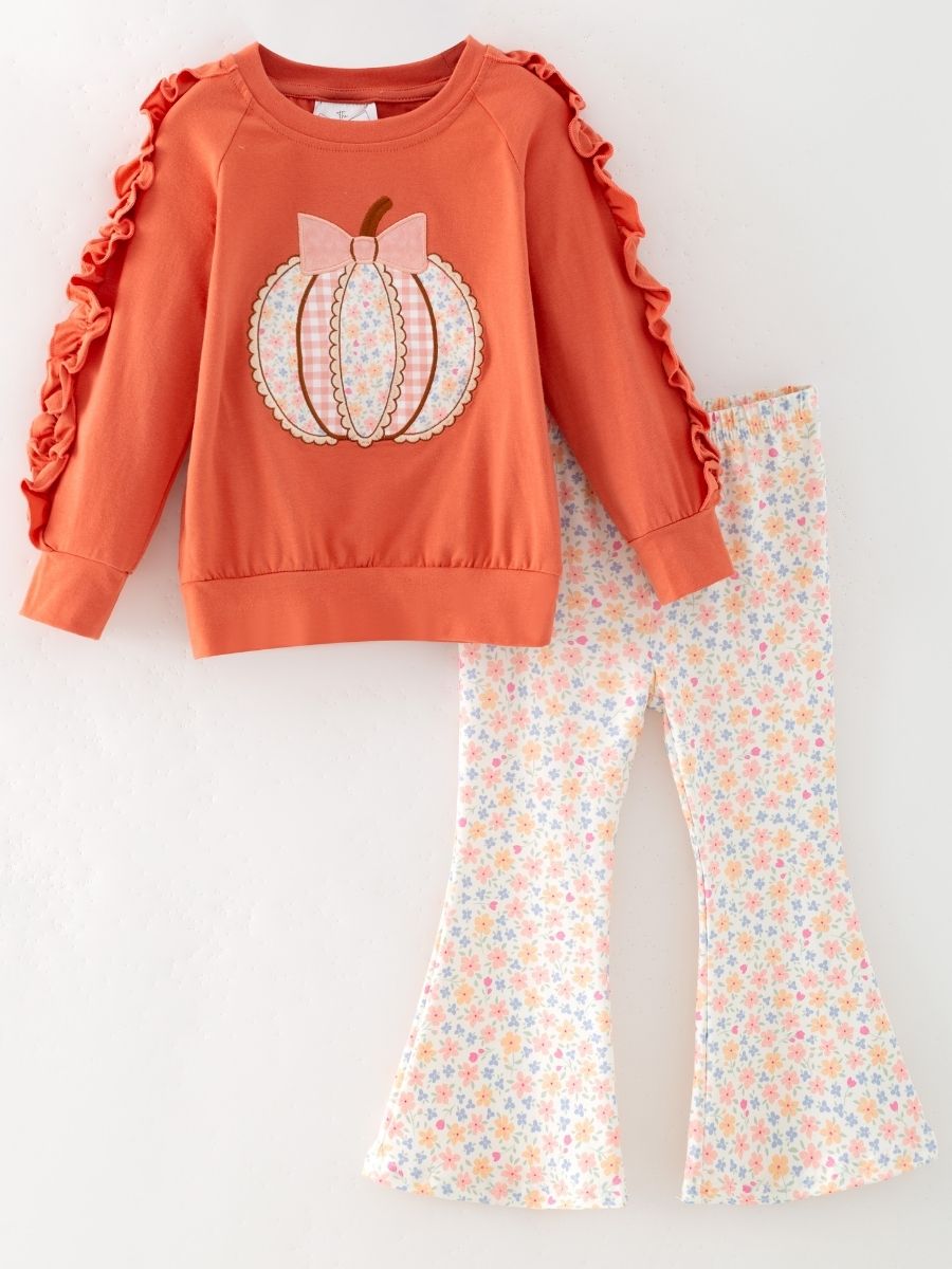 Girls pumpkin bell bottom pants set with floral pumpkin sweatshirt, boutique fall outfit for toddlers and girls