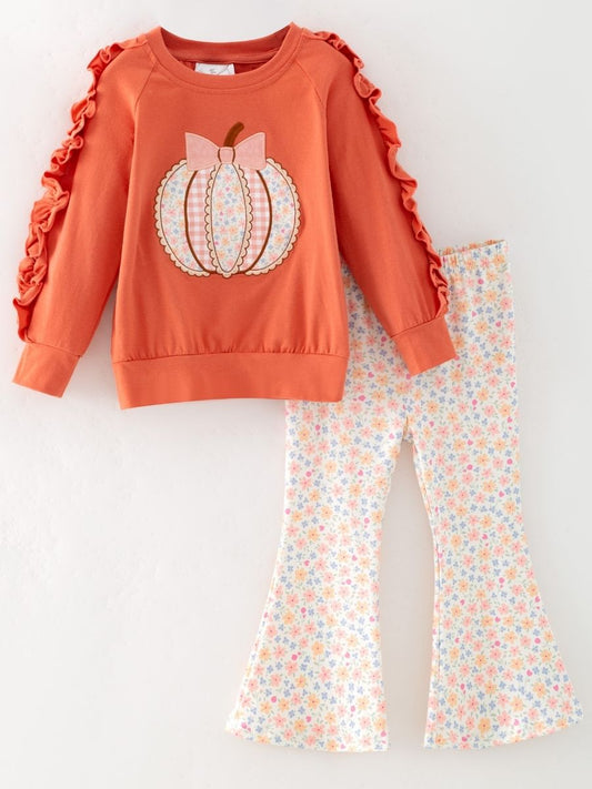 Girls pumpkin bell bottom pants set with floral pumpkin sweatshirt, boutique fall outfit for toddlers and girls