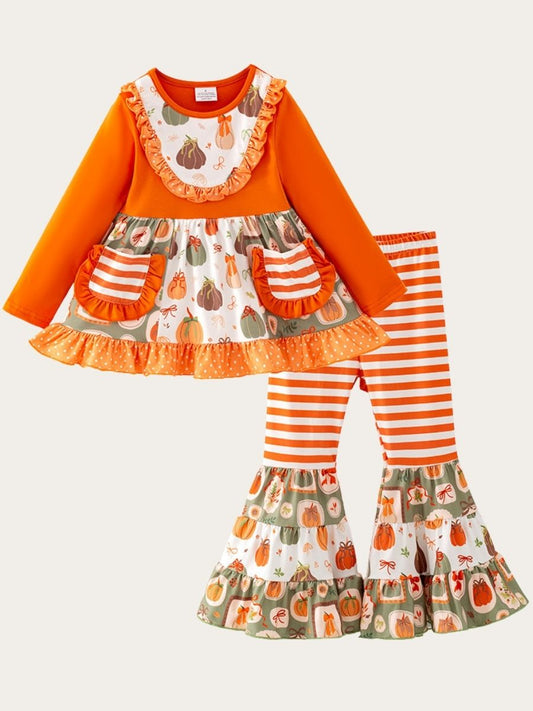 Girls pumpkin bell bottom outfit with orange ruffle top and striped pants