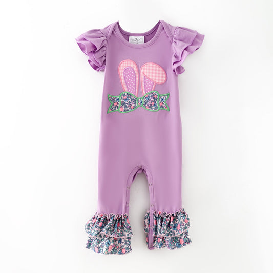 Purple baby romper with floral bow and bunny ears on a white background - Alternative view