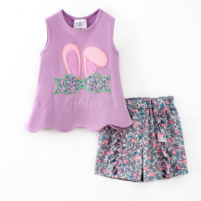 Purple Bunny Appliqué Easter Shorts Set on white backdrop