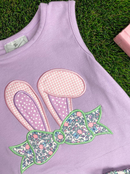 applique close up for Purple Bunny Appliqué Easter Shorts Set