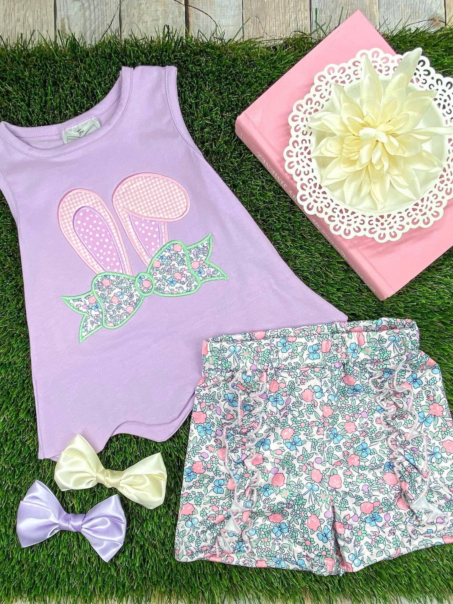 Purple Bunny Appliqué Easter Shorts Set on grassy backdrop