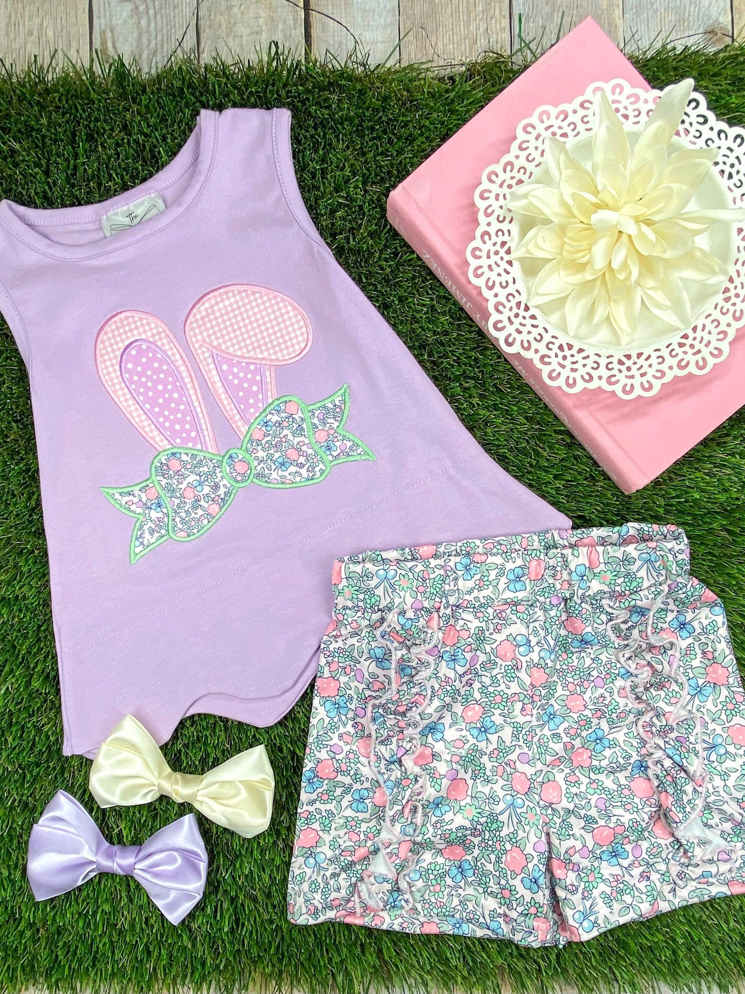 Purple Bunny Appliqué Easter Shorts Set on grassy backdrop