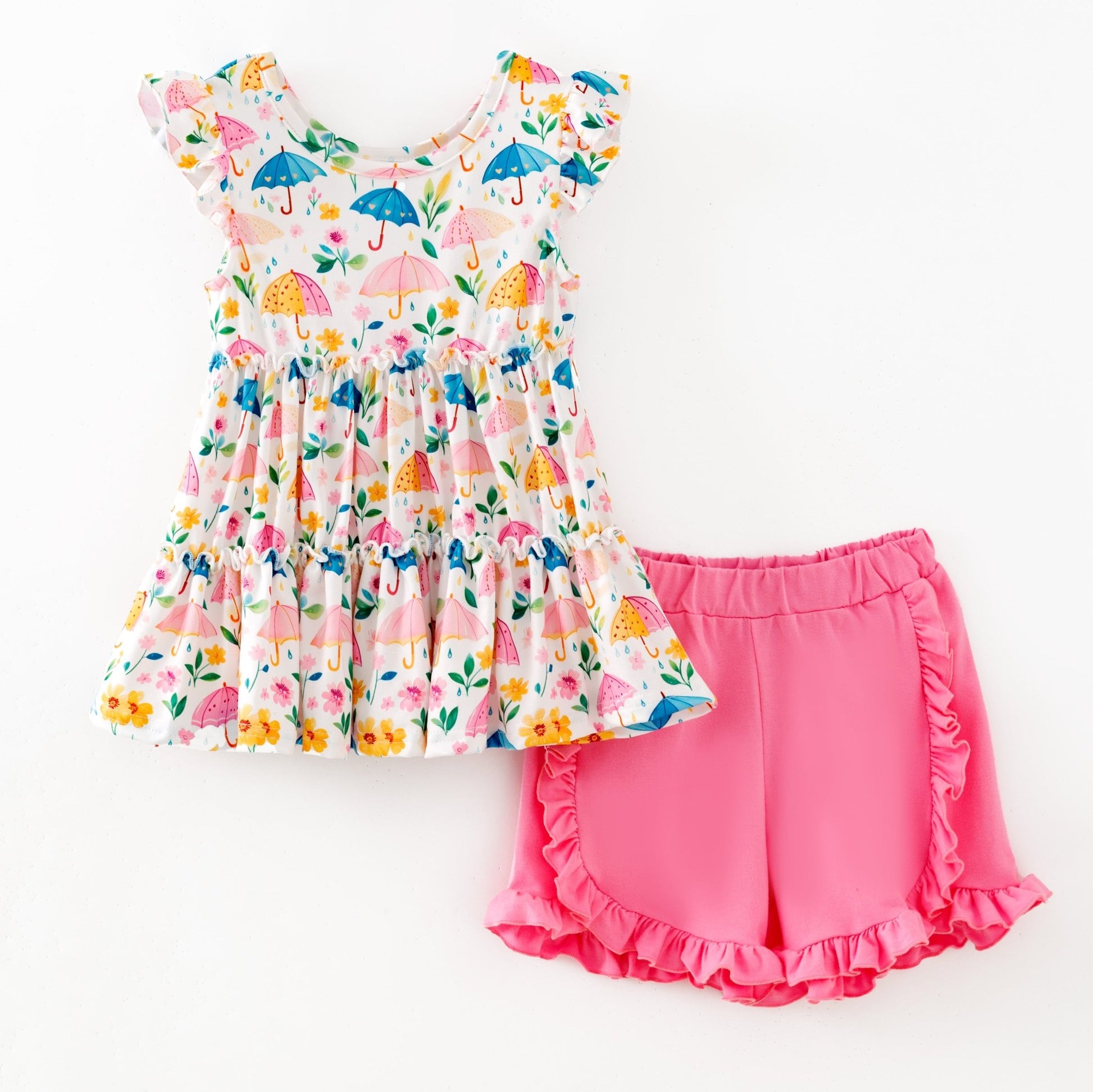 Girls umbrella print ruffled shorts set with flutter sleeve top and pink ruffle shorts