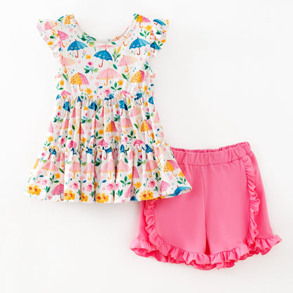 Girls umbrella print ruffled shorts set with flutter sleeve top and pink ruffle shorts