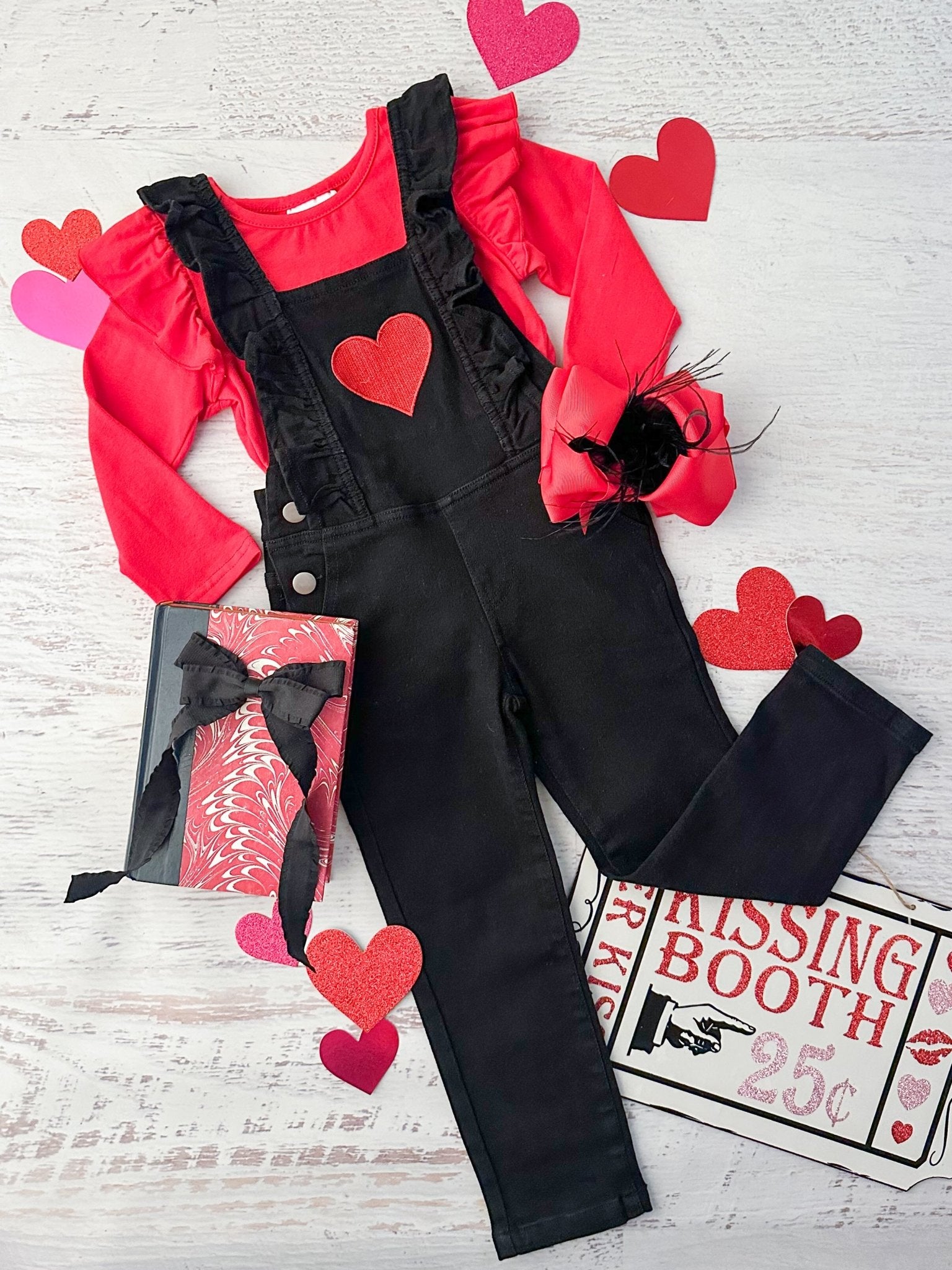 Red Long Sleeve with Black Heart Overalls