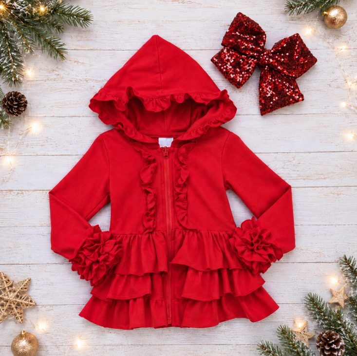 Red zip-up hoodie jacket with ruffles on the hood and sleeves
