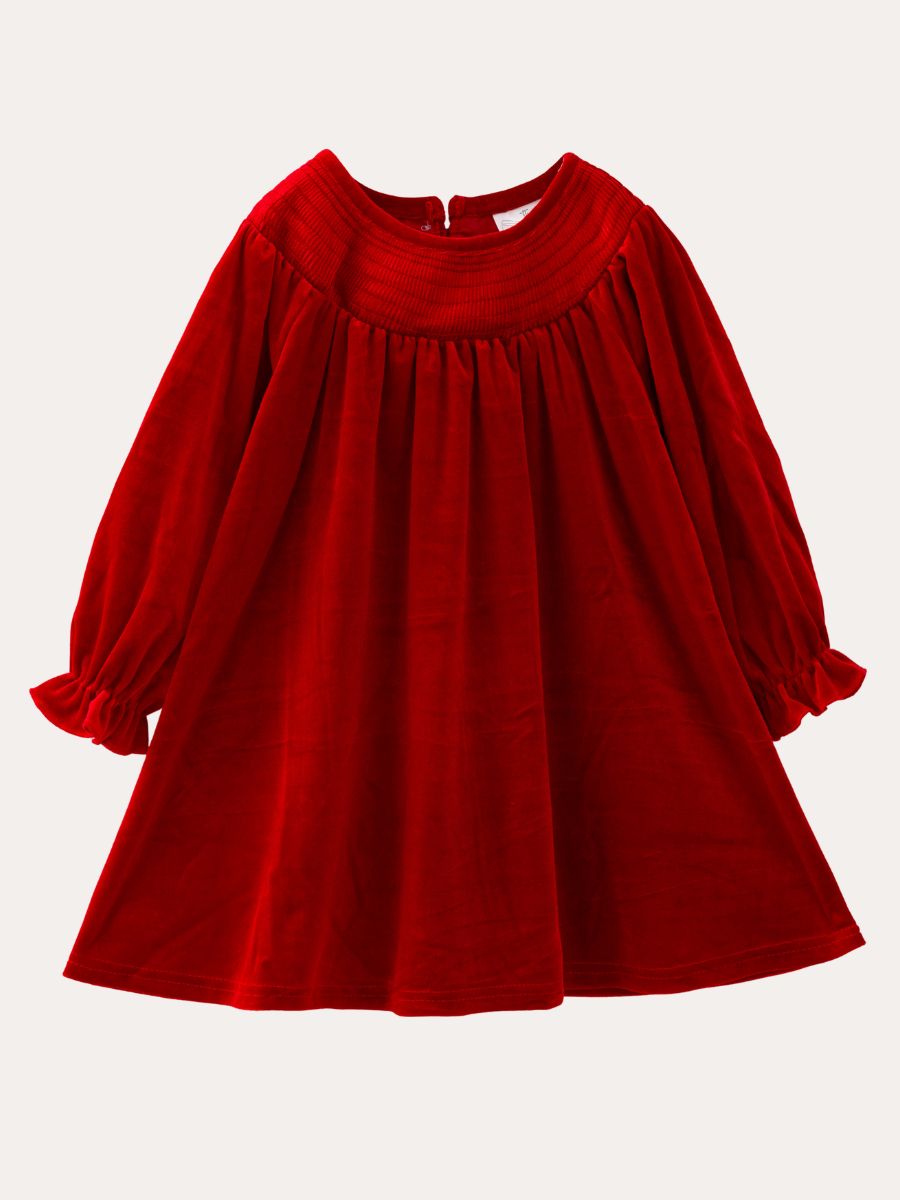 Red velvet girls dress with smocked yoke and long puff sleeves, a classic Christmas dress — The Hair Bow Company