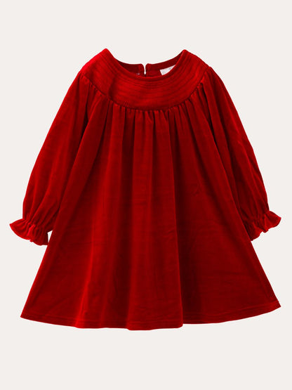 Red velvet girls dress with smocked yoke and long puff sleeves, a classic Christmas dress — The Hair Bow Company