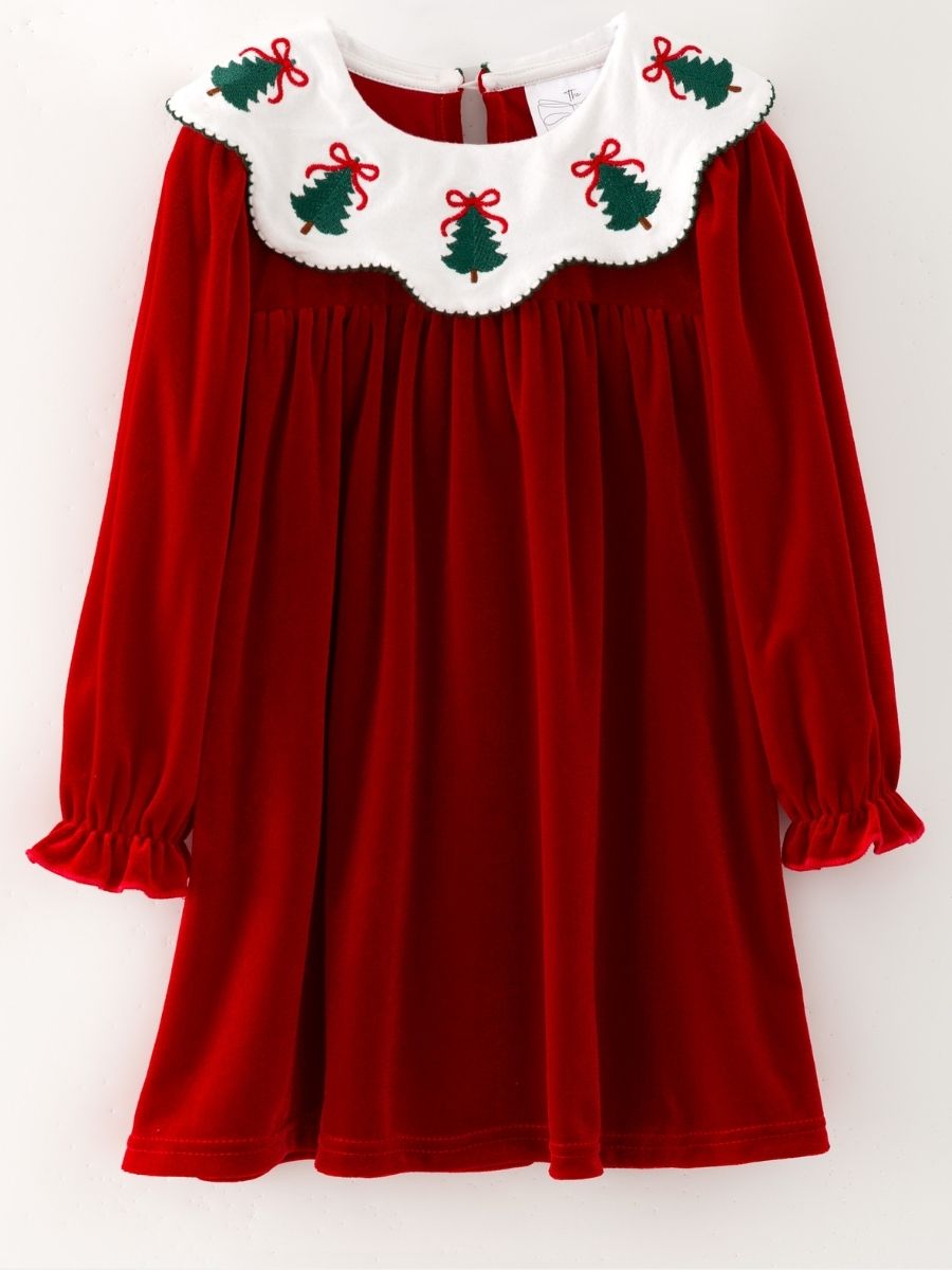 Red velvet girls Christmas dress with embroidered Christmas tree collar