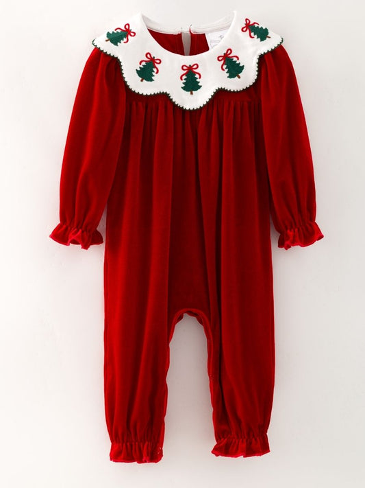 Red velvet infant bubble romper with embroidered Christmas tree collar