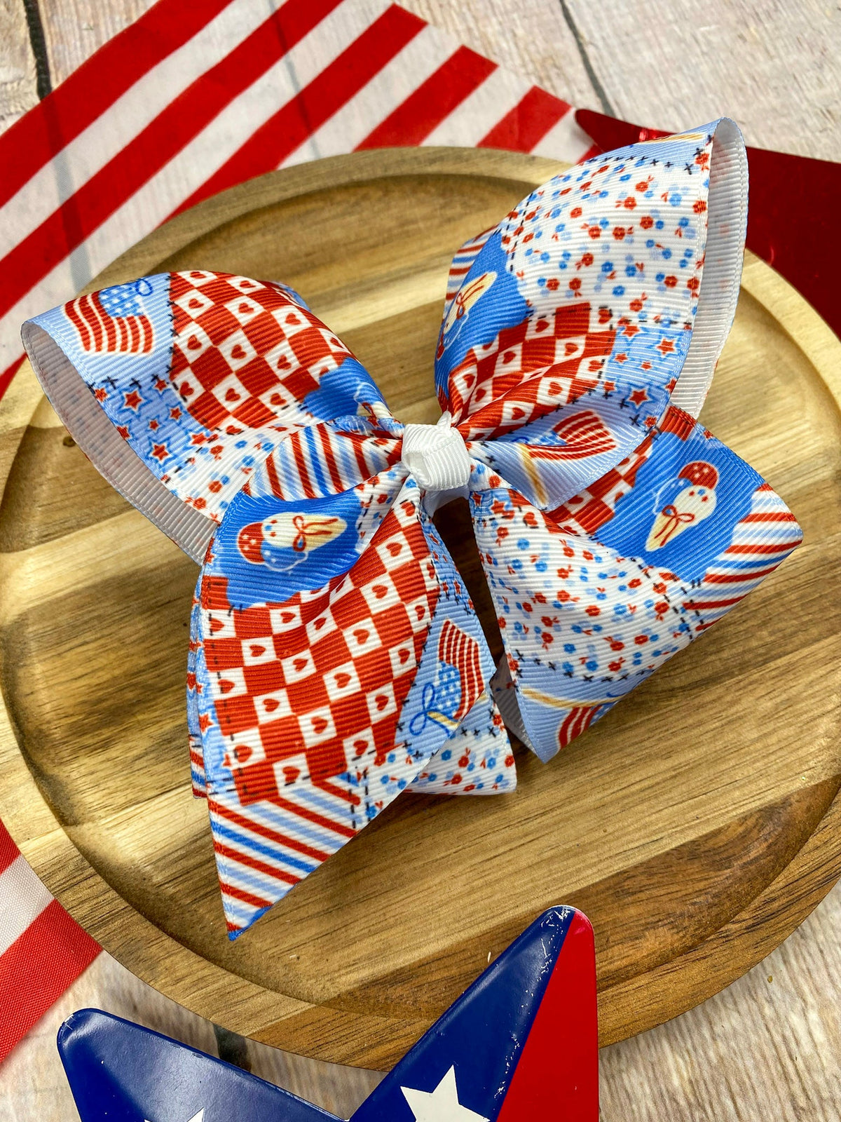 Red, white and blue patchwork hair bow, second view