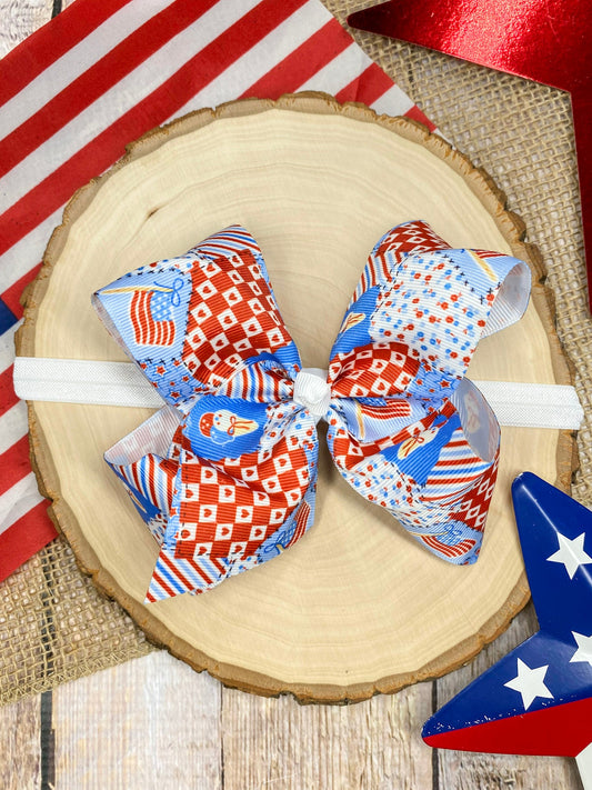 Red White & Blue Patchwork headband on a wooden surface - Alternative view