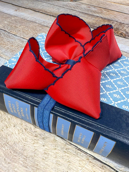 Red with Navy Moonstitch Bow Headband - Alternative view