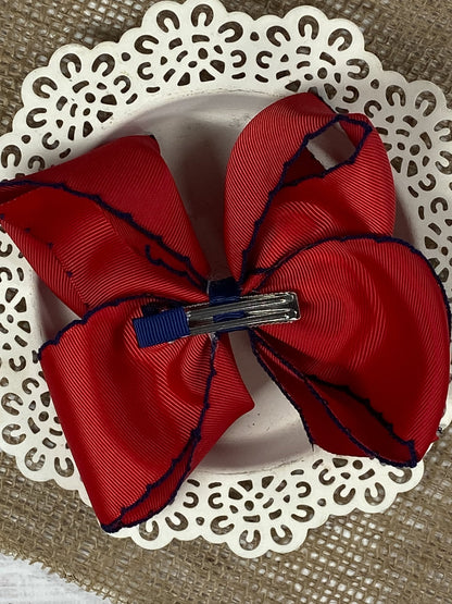 Back of the Red with Navy Moonstitch Hair Bow