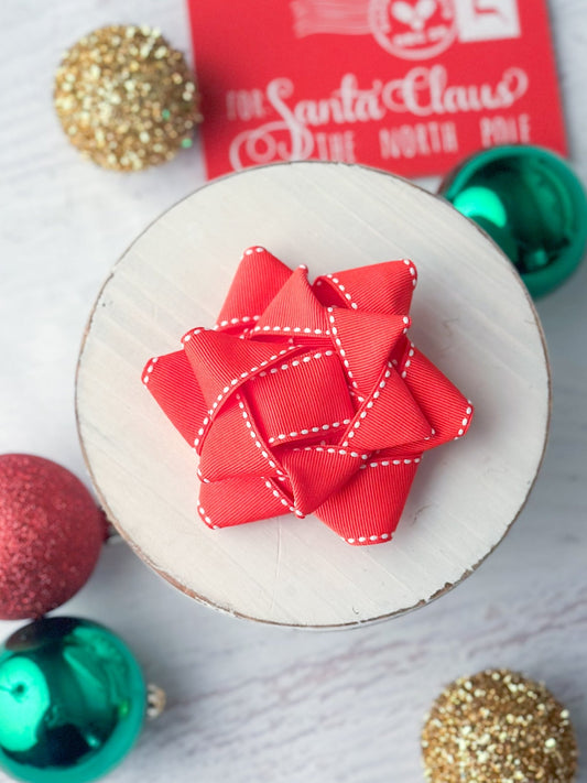 Red with white stitch gift hair bow on alligator clip