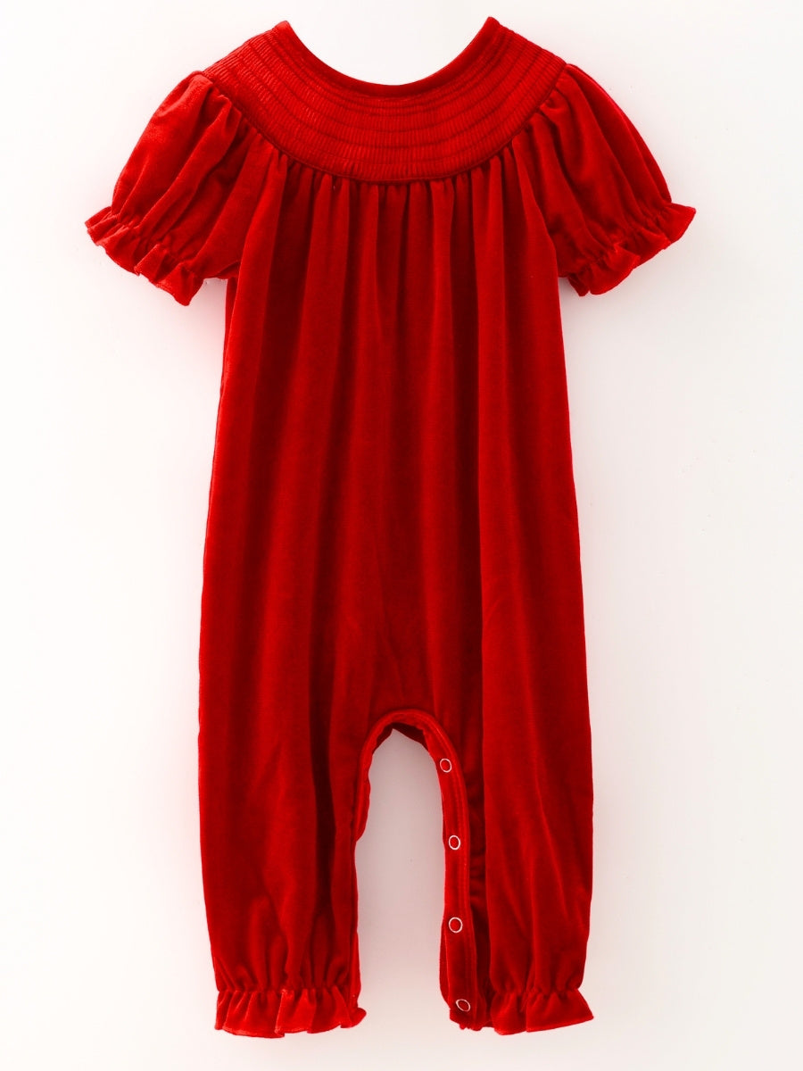 Red velvet baby girl romper with smocked yoke and puff sleeves, a classic Christmas outfit — The Hair Bow Company