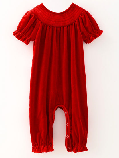 Red velvet baby girl romper with smocked yoke and puff sleeves, a classic Christmas outfit — The Hair Bow Company