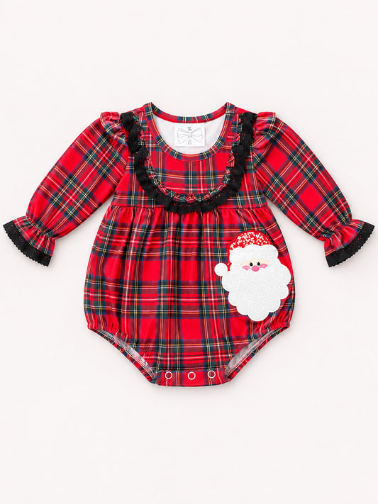 red tartan romper with black lace and santa applique with glitter hat. 