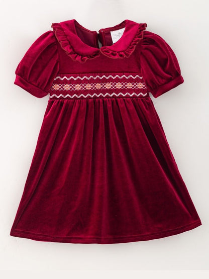 Red Girls Velvet Smocked Peter Pan Dress with ruffled collar and puff sleeves