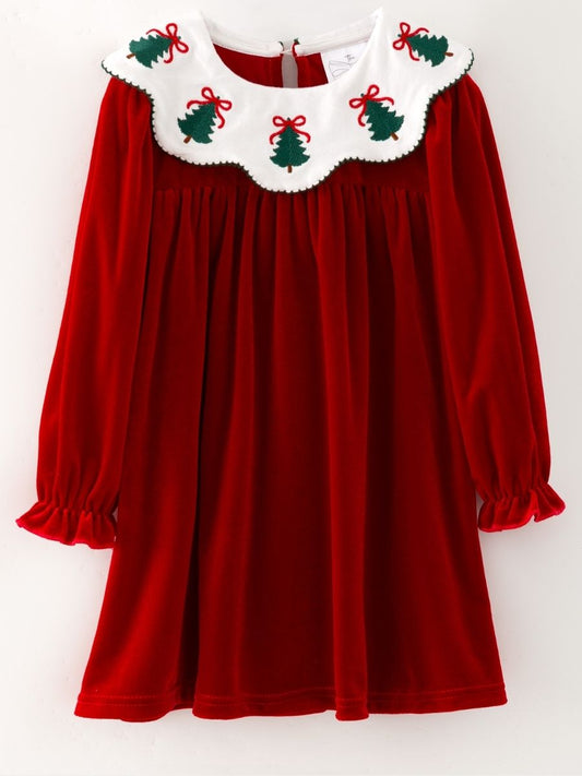 Red velvet girls Christmas dress with embroidered Christmas tree collar