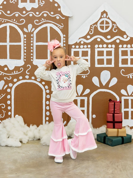 Model wearing the Retro Merry Christmas with Pink Bell Bottoms Set