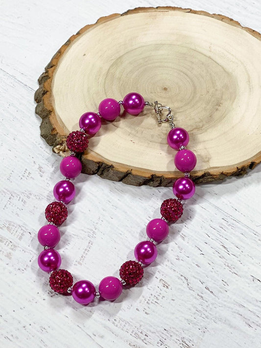 Hot pink rhinestone chunky bead necklace, measures approximately 17" - Alternative view