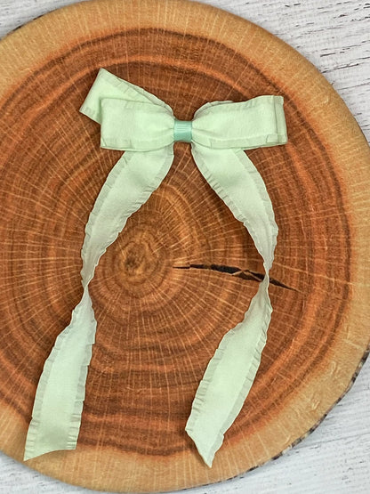 Mint ruffle edge ribbon hair bow on alligator clip