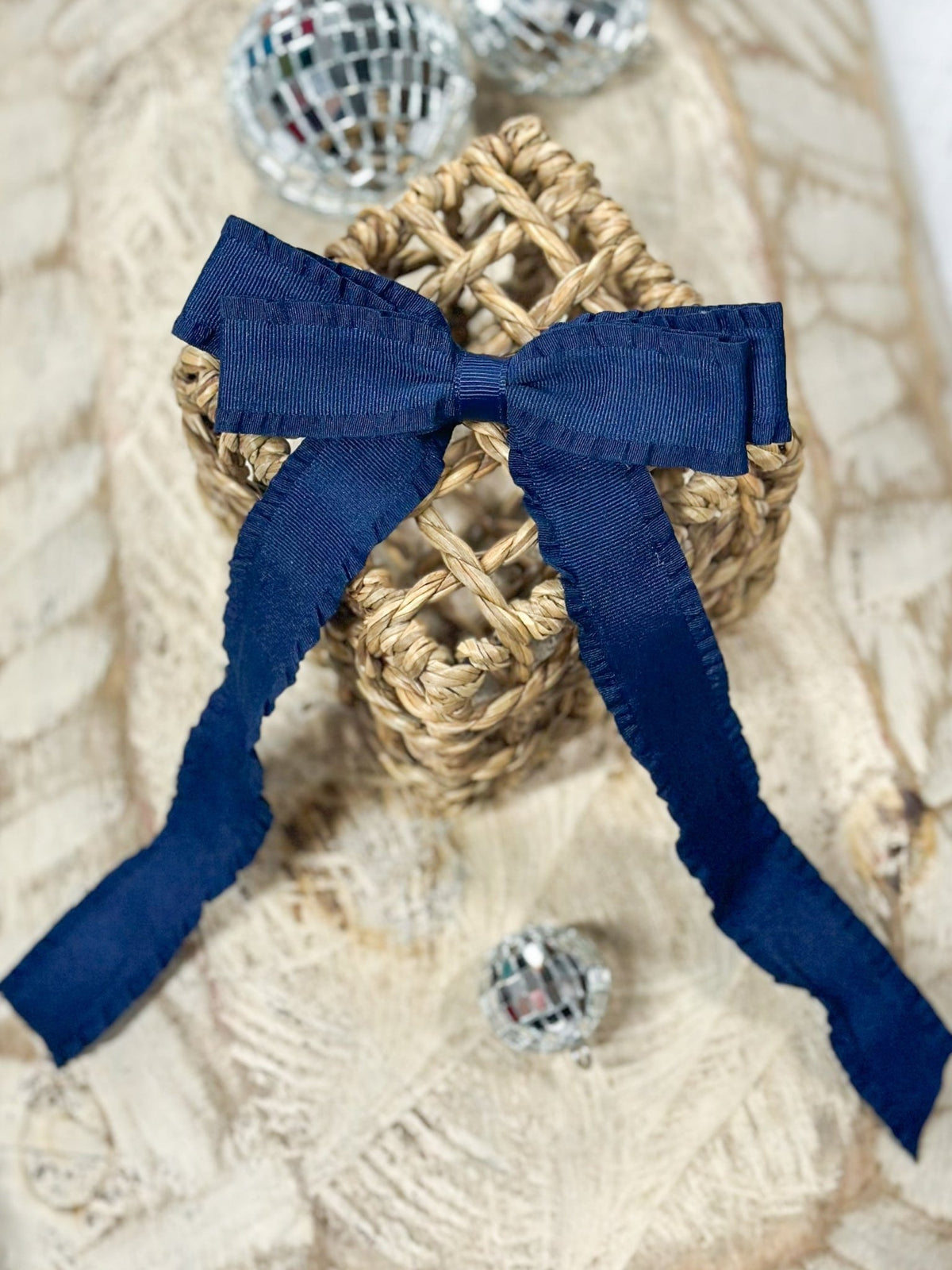 Navy ruffle edge ribbon hair bow on alligator clip