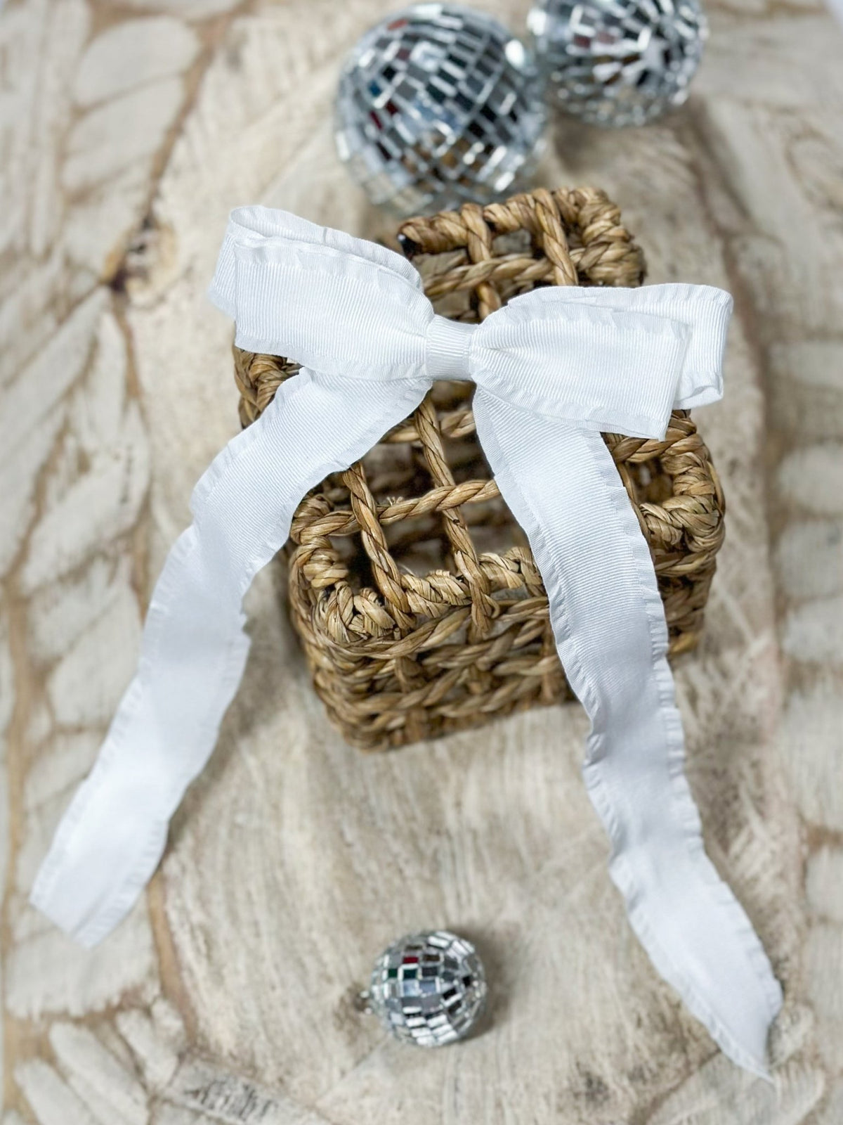 White ruffle edge ribbon hair bow on alligator clip