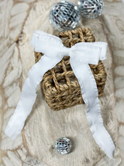 White ruffle edge ribbon hair bow on alligator clip