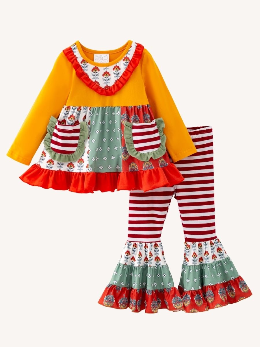 Girls fall ruffle pant set with mustard top, patchwork tunic and striped bell bottoms