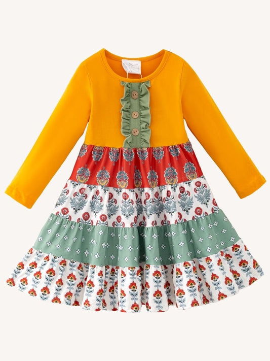 Girls fall twirl dress with mustard top, floral patchwork print and boutique long sleeve design