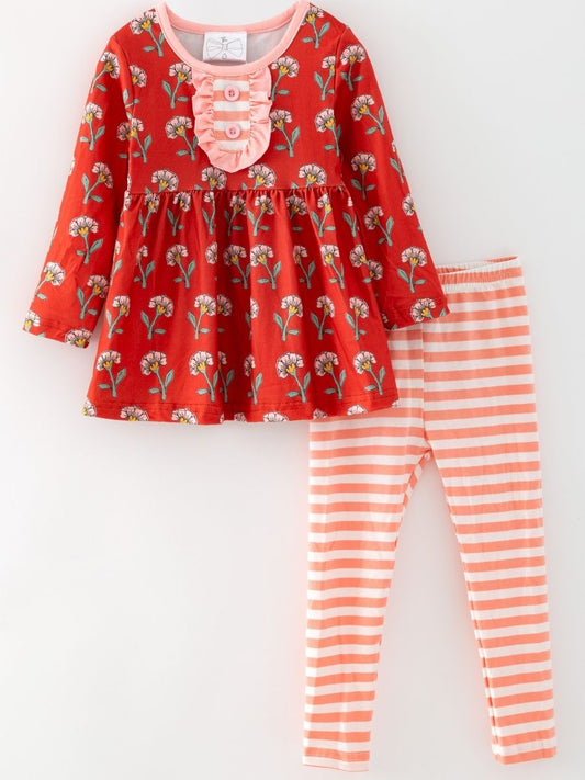 Girls floral tunic and pink striped leggings set, boutique fall outfit for toddlers and girls