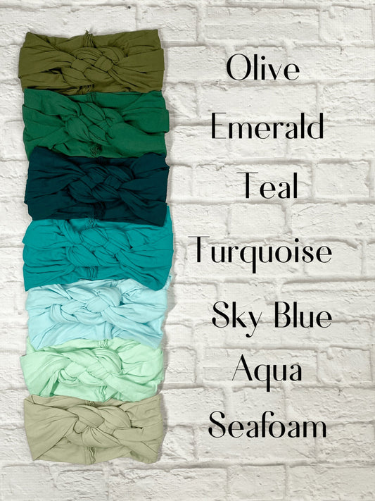 Sailor knot baby headbands in blues and greens - Alternative view